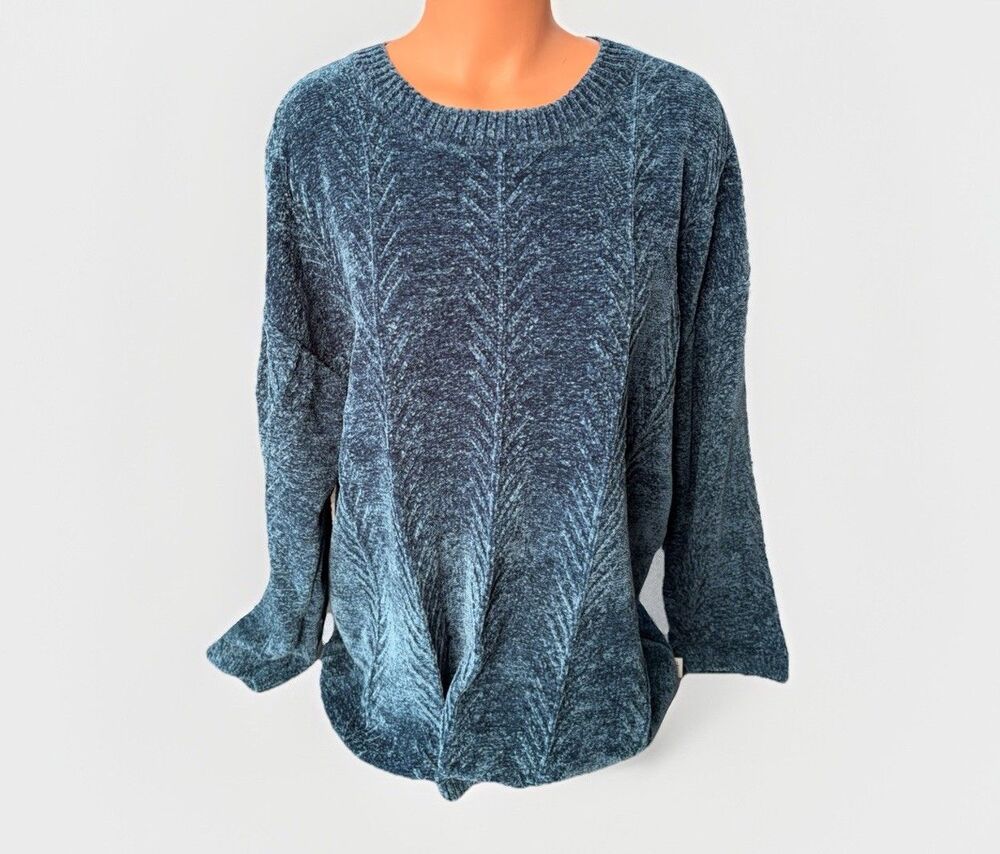 Orvis Women’s Blue Chenille Chevron Knit Crewneck Pullover Sweater Size 2XL New